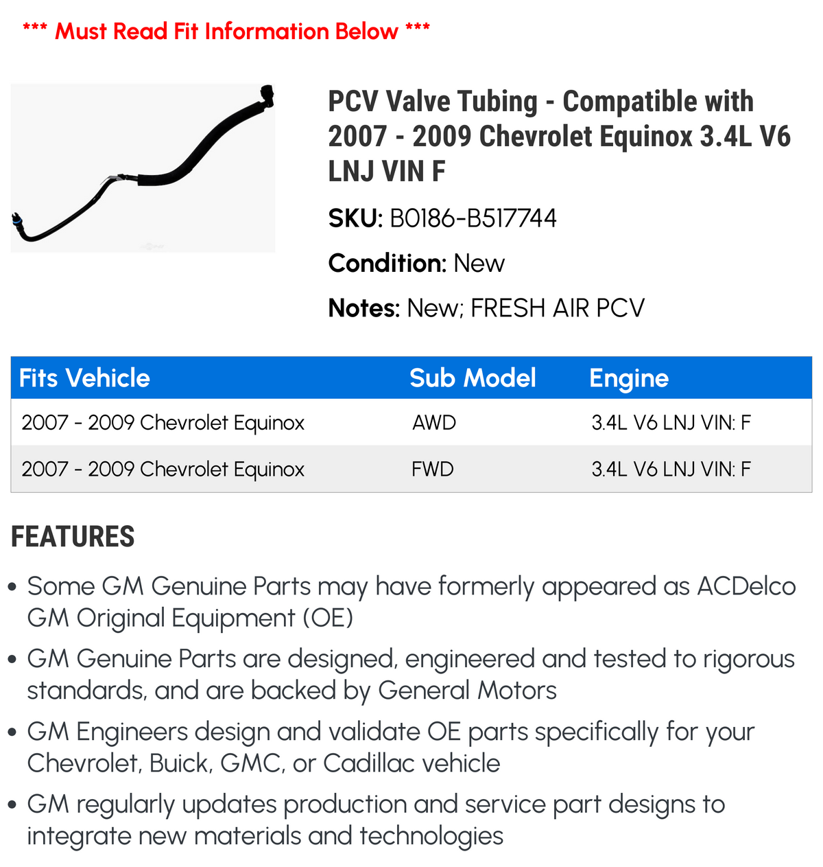 PCV Valve Tubing for 2008 Chevy Equinox 3.4L V6 V761717