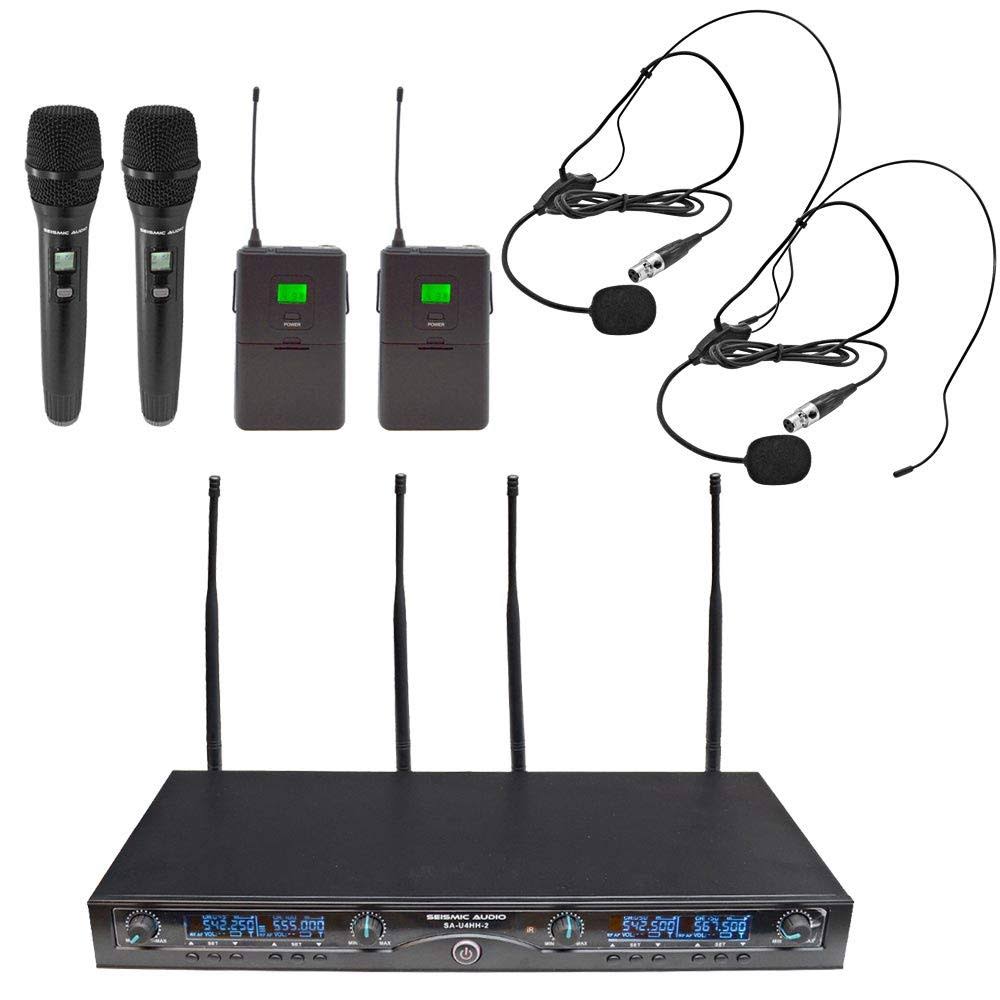 4 Channel UHF Wireless Microphone System with 2 Handheld and 2 Headset Microphones F1758
