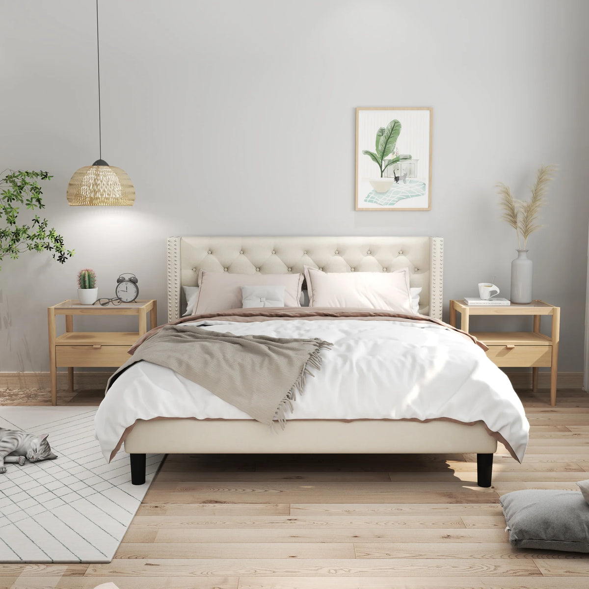 Beige Queen Size Platform Bed with Upholstered Headboard I267097