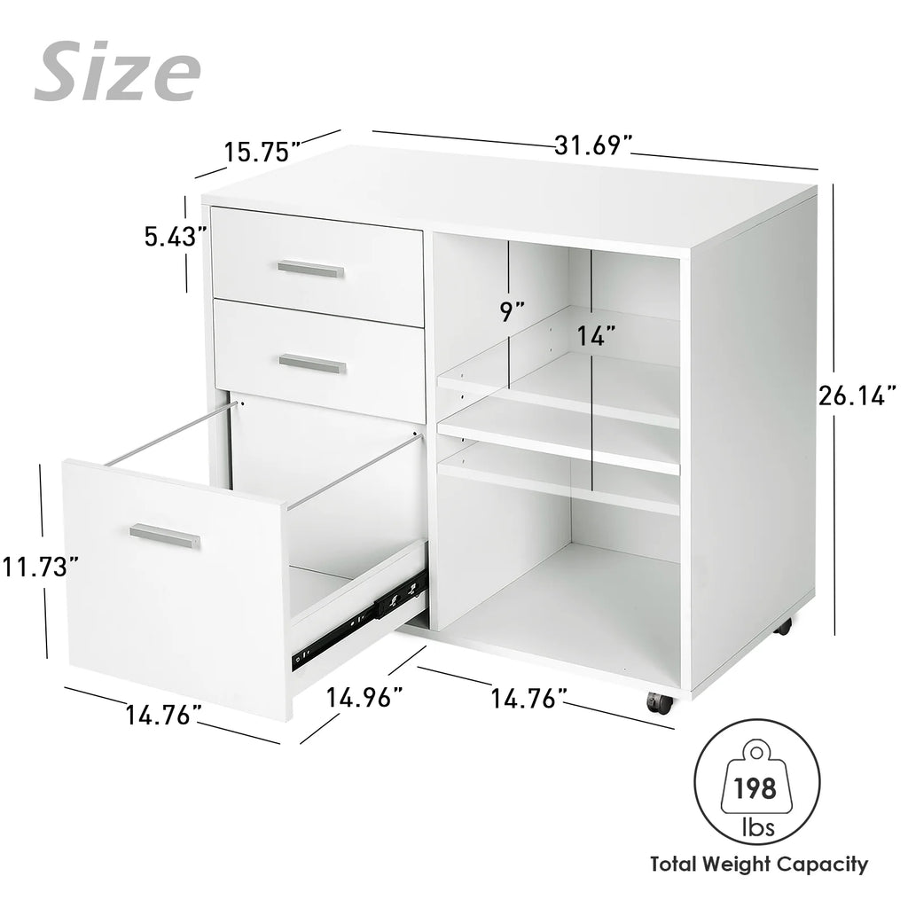 White 3 Drawer Wood File Cabinet with Wheels R61820