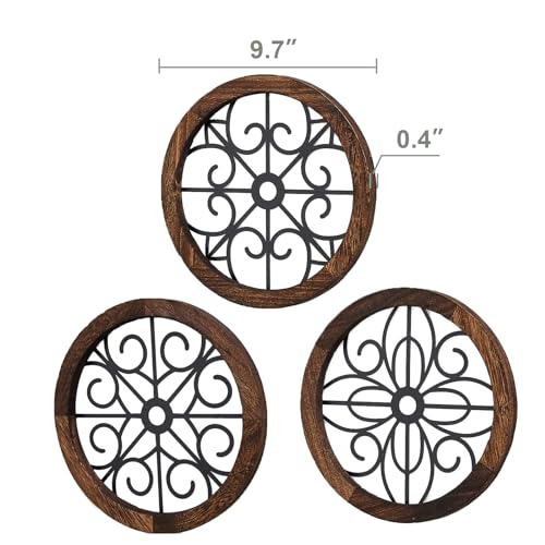 3 Pack Rustic Round Wall Art Geometric Scrolled Metal with Wooden Frame S3590