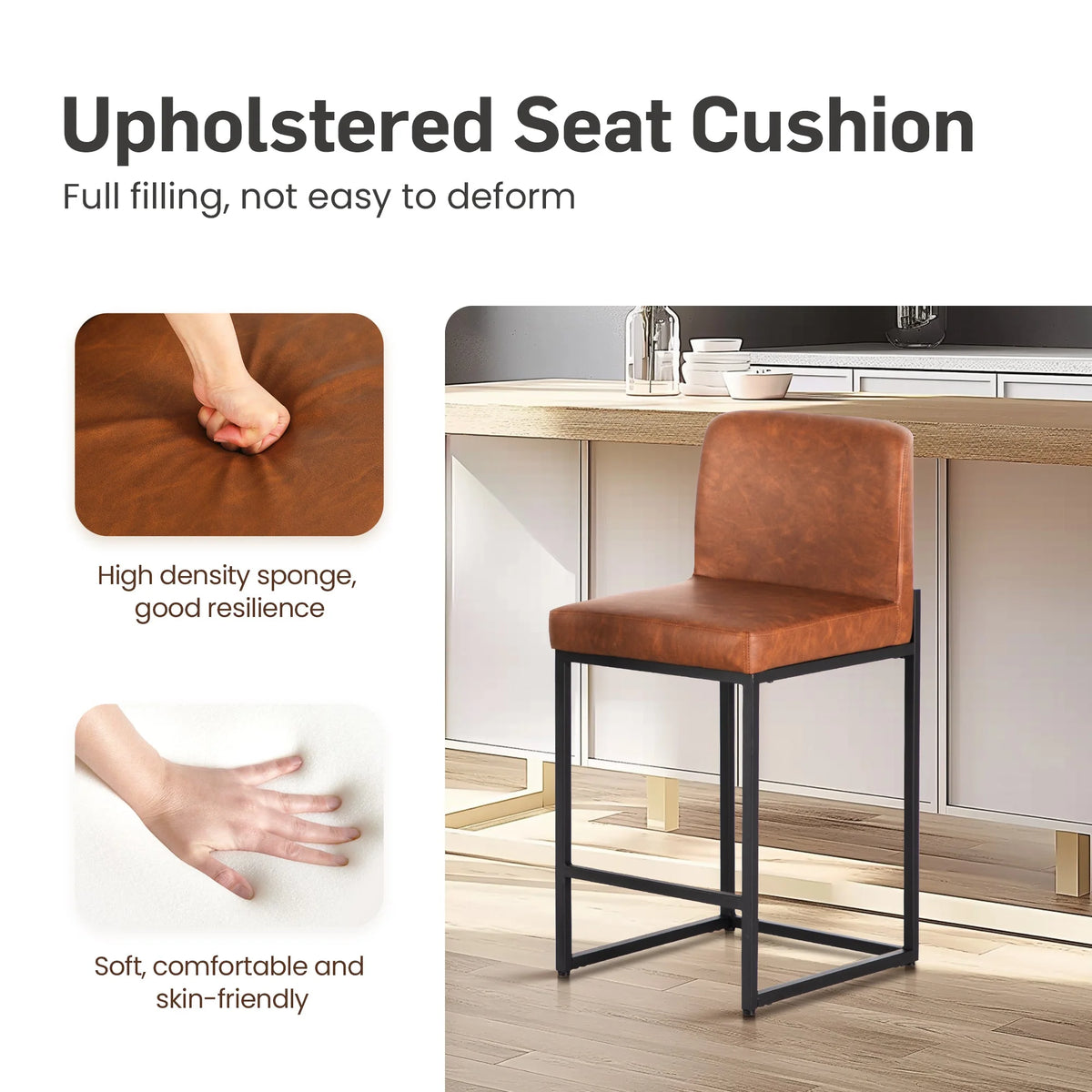 24" PU Leather Counter Height Bar Stool with Backrest Set of 4 Brown A801