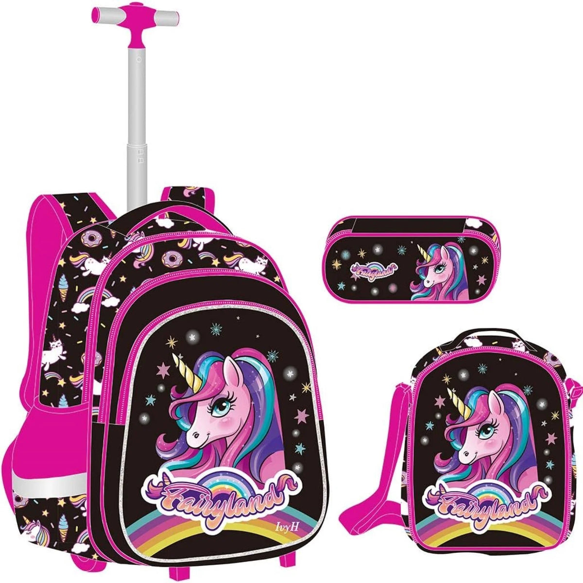 Black 3Pcs Rolling Backpack Set with Lunch Bag and Pencil Case Y581