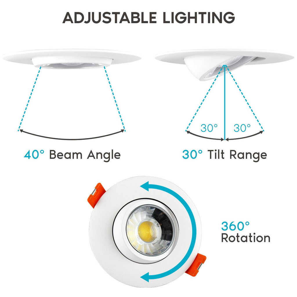 Adjustable LED Gimbal Recessed Lighting with J-Box 3 Color Selectable 8W 600lm Dimmable A29829