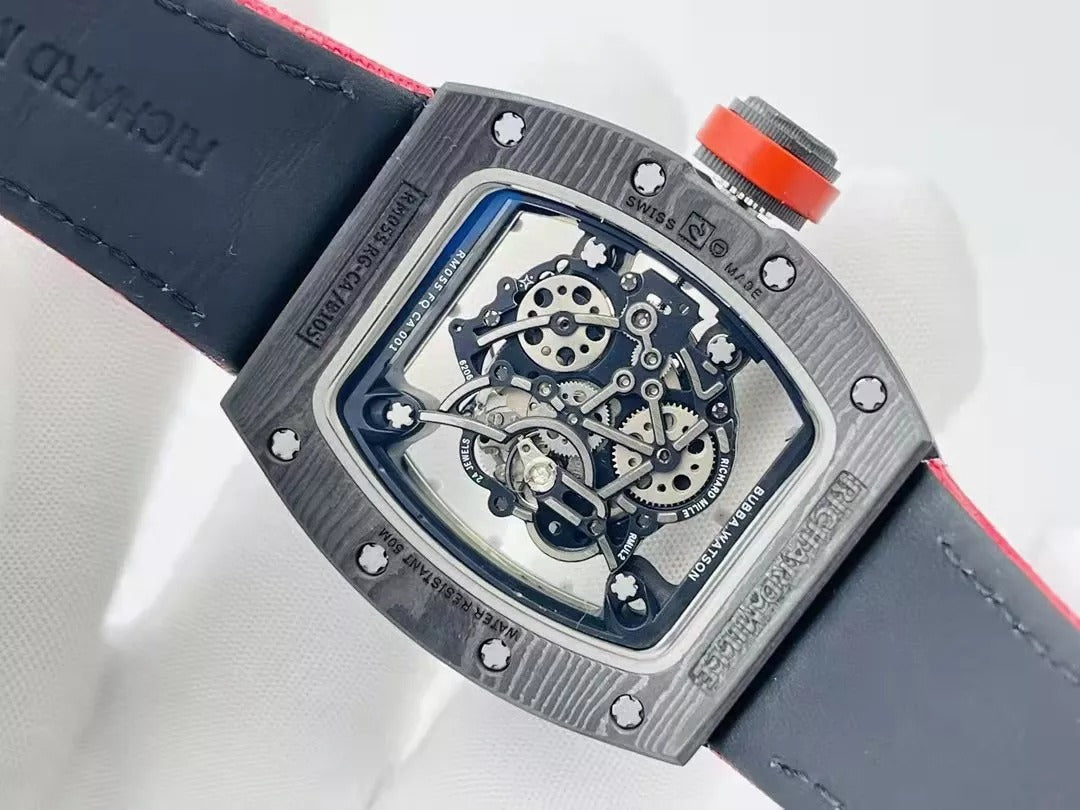 Skeleton Dial Black Bezel Red Canvas Strap D6370