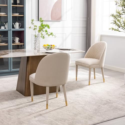 Beige Velvet Set of 2 Dining Chairs with Solid Wood Legs Q42319