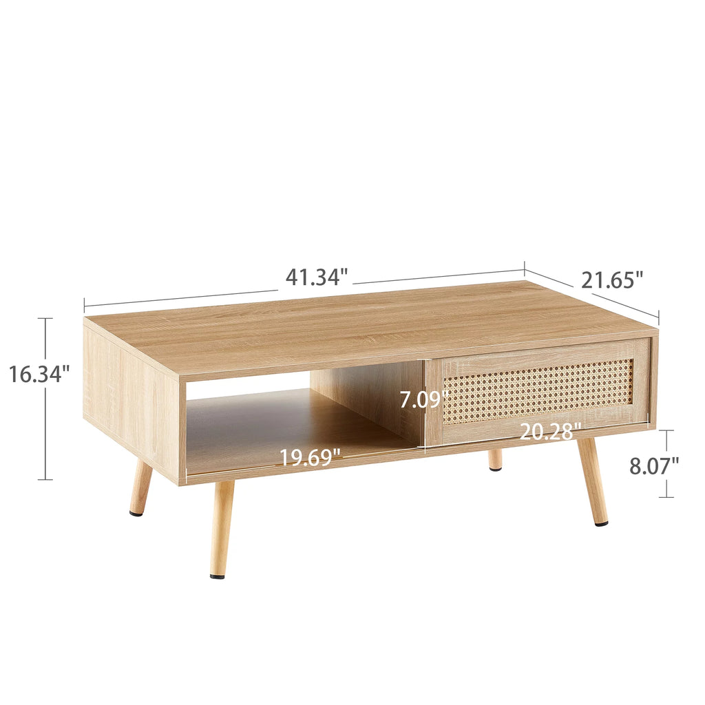 41.34" Rattan Coffee Table with Sliding Door Storage O572