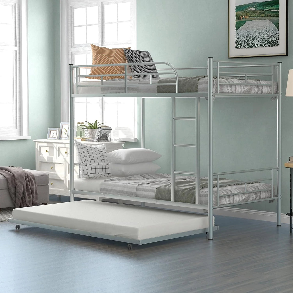 Metal Bunk Bed with Trundle and Safety Guard Rails F13989