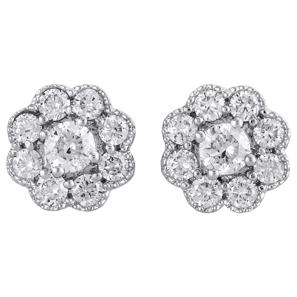 14K White Gold Solitaire Diamond Flower Stud Earrings 1 CT. A4619