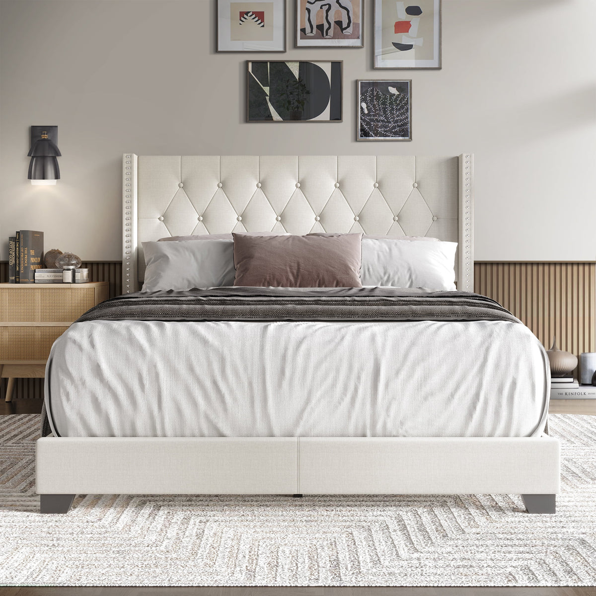 Blue Linen Upholstered Wingback Bed P125696