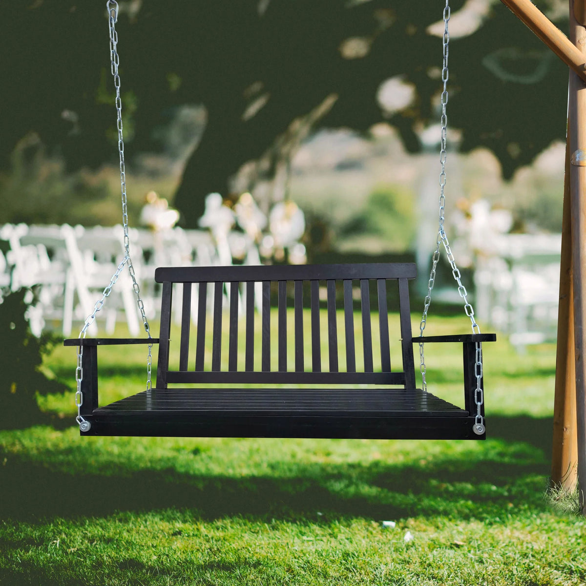 Black Wood Porch Swing with Armrests and Hanging Chains X17119