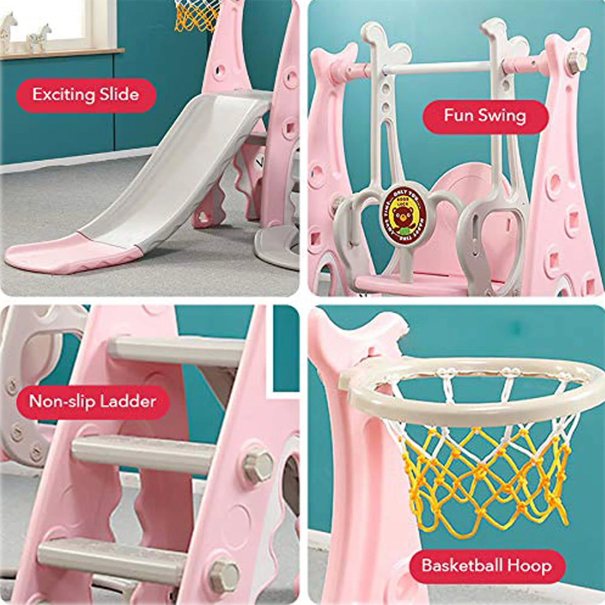 4 in 1 Toddler Slide and Swing Set with Basketball M414