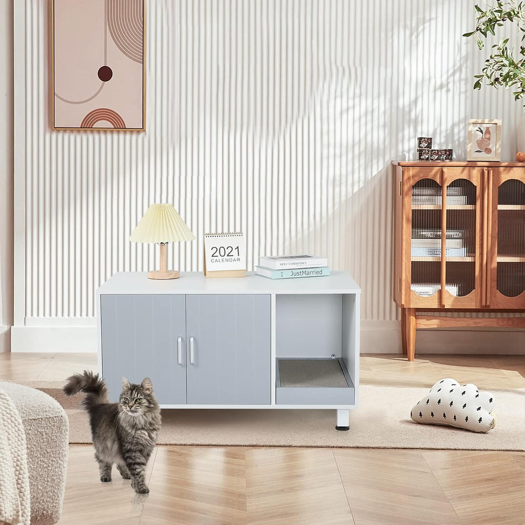 White & Grey Cat Litter Box Furniture Storage Bench V9322