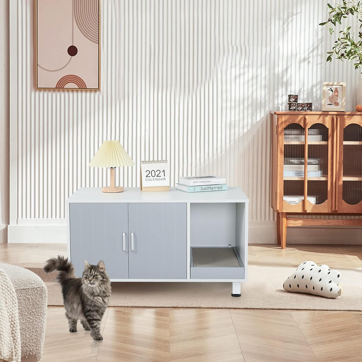 White & Grey Cat Litter Box Furniture Storage Bench V9322