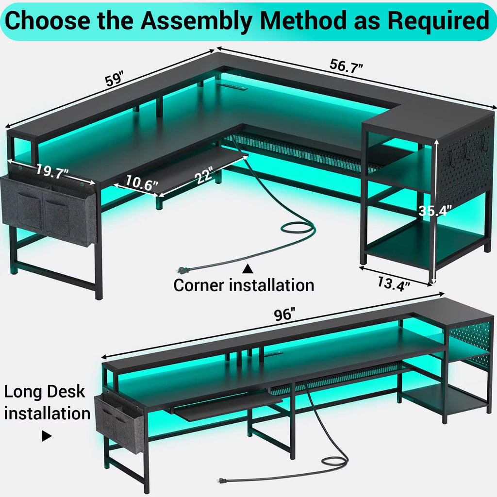 L Shaped Gaming Desk with Power Outlets and LED Strip, Black S483693