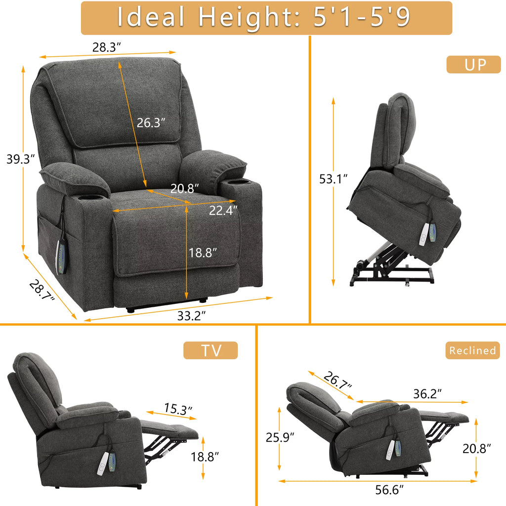 Dark Gray Linen Power Lift Recliner with Cup Holder R36762