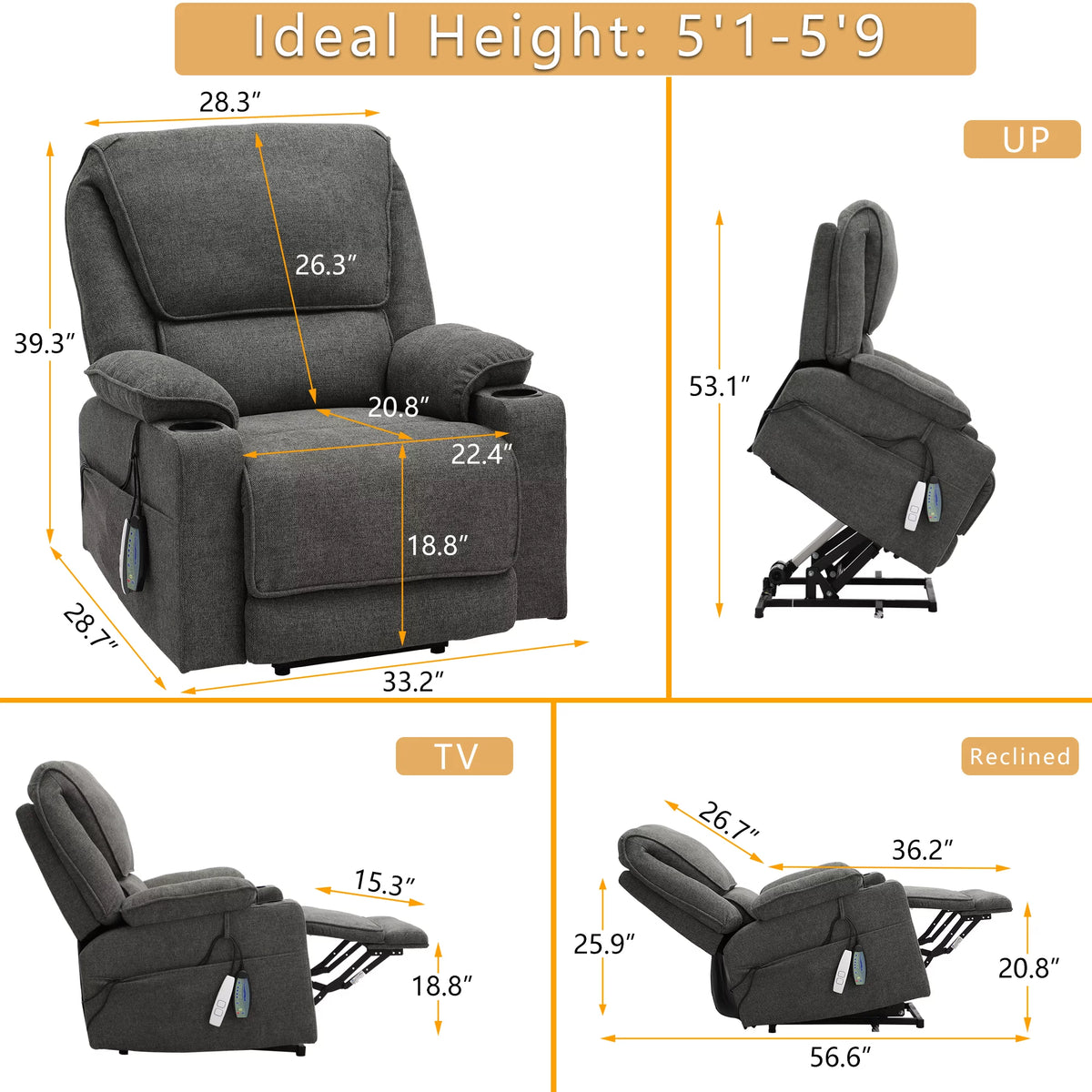Dark Gray Linen Power Lift Recliner with Cup Holder R36762