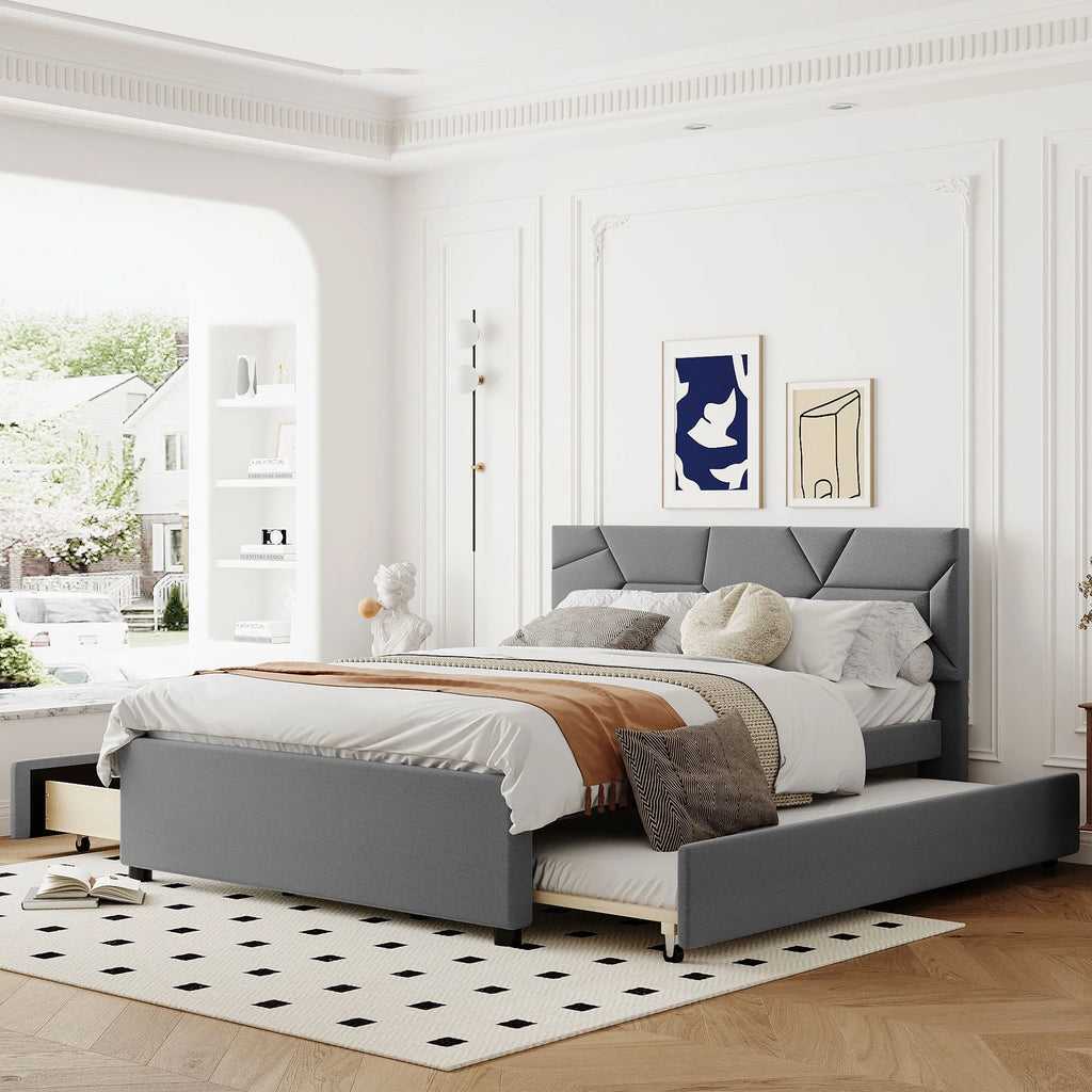 Queen Size Upholstered Platform Bed with Trundle and 2 Drawers X553