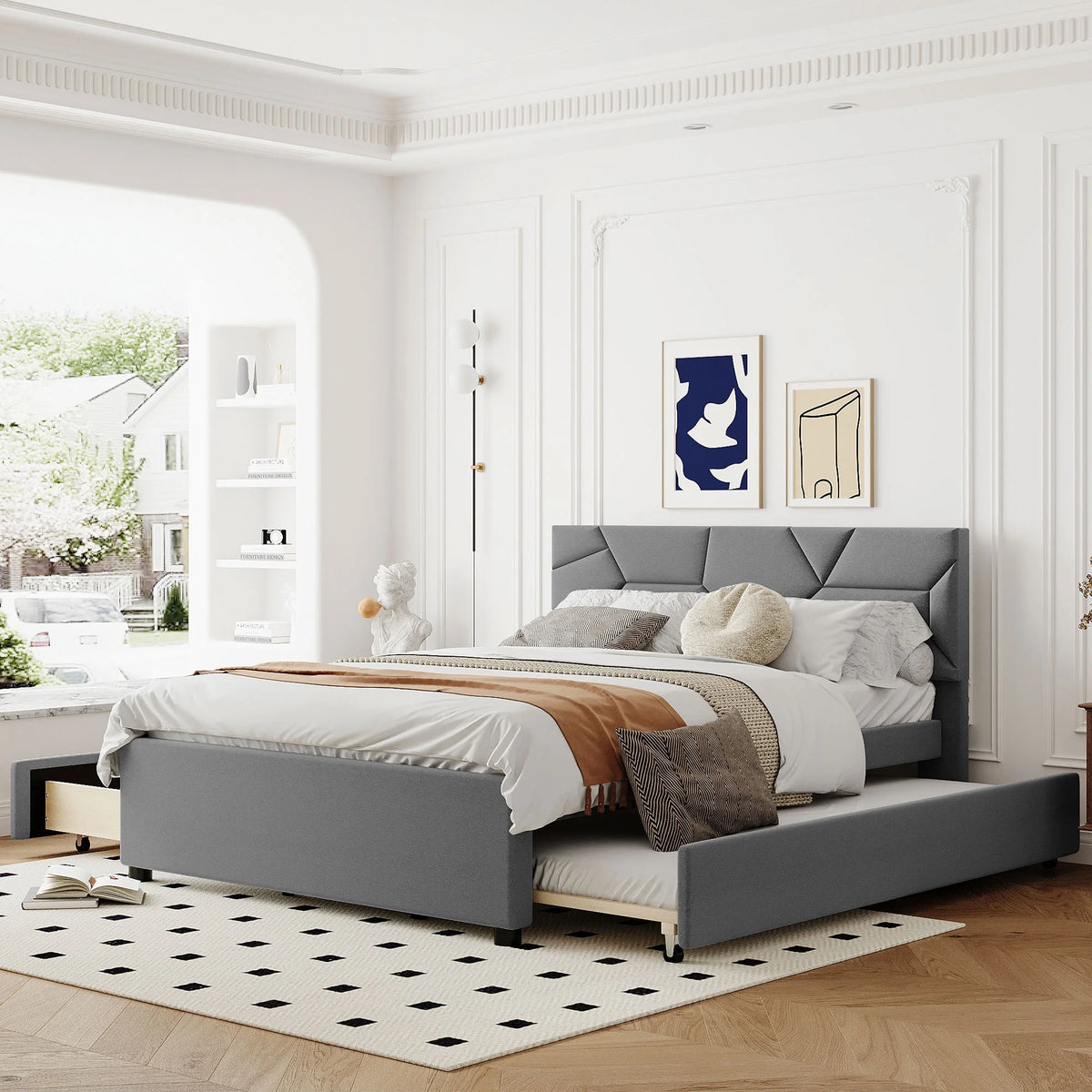 Queen Size Upholstered Platform Bed with Trundle and 2 Drawers X553