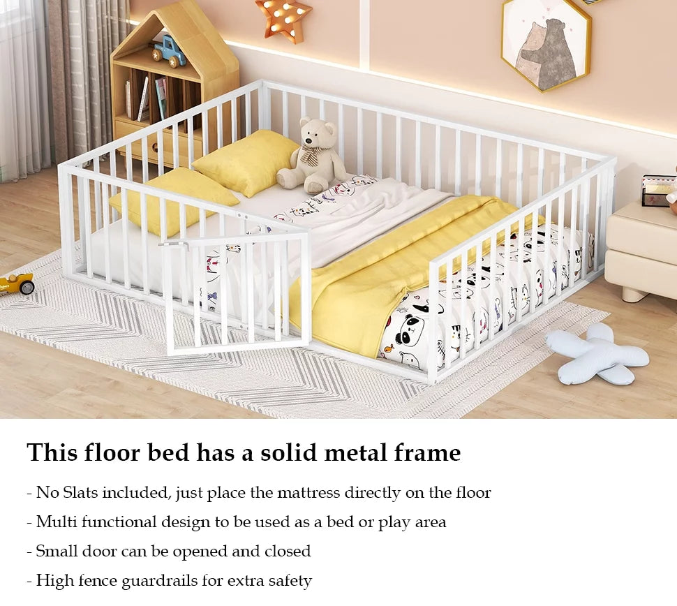 White Queen Metal Floor Bed with Fence Rails and Lockable Door T159