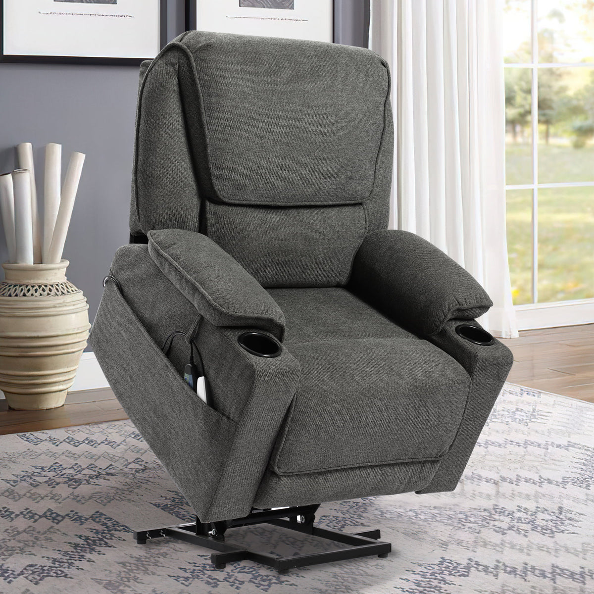 Dark Gray Linen Power Lift Recliner with Cup Holder R36762