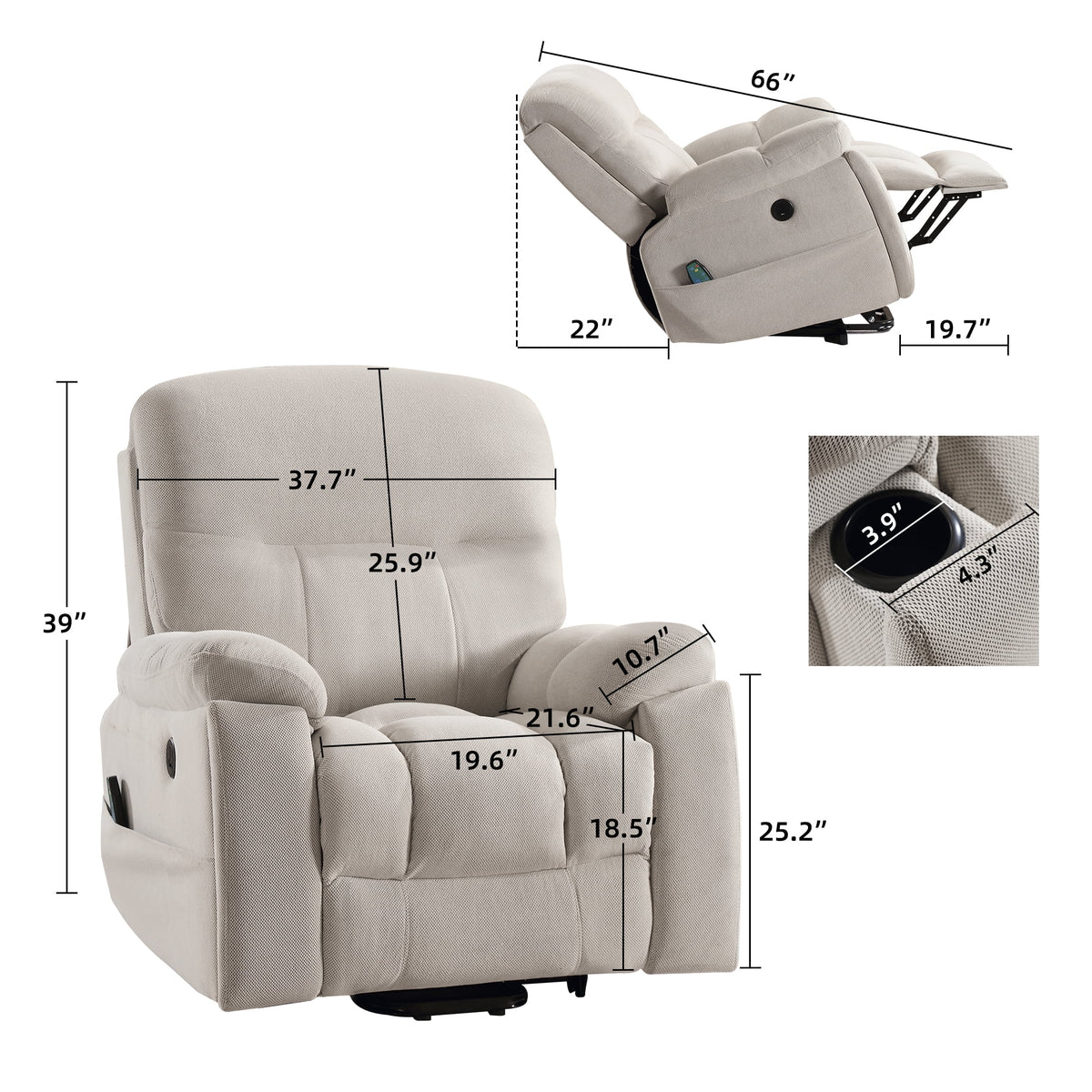 Large Power Lift Recliner Chair with Massage and Heat, Beige E56142