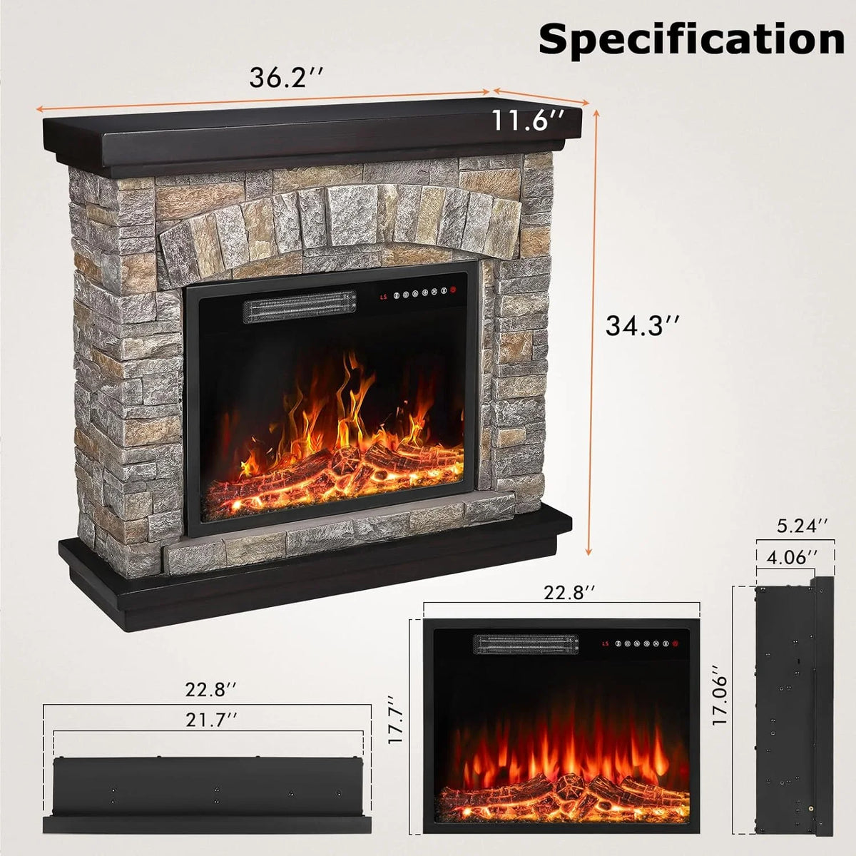 Electric Fireplace with Mantel, 36 inch Freestanding Stone Fireplace Heater TV Stand W691