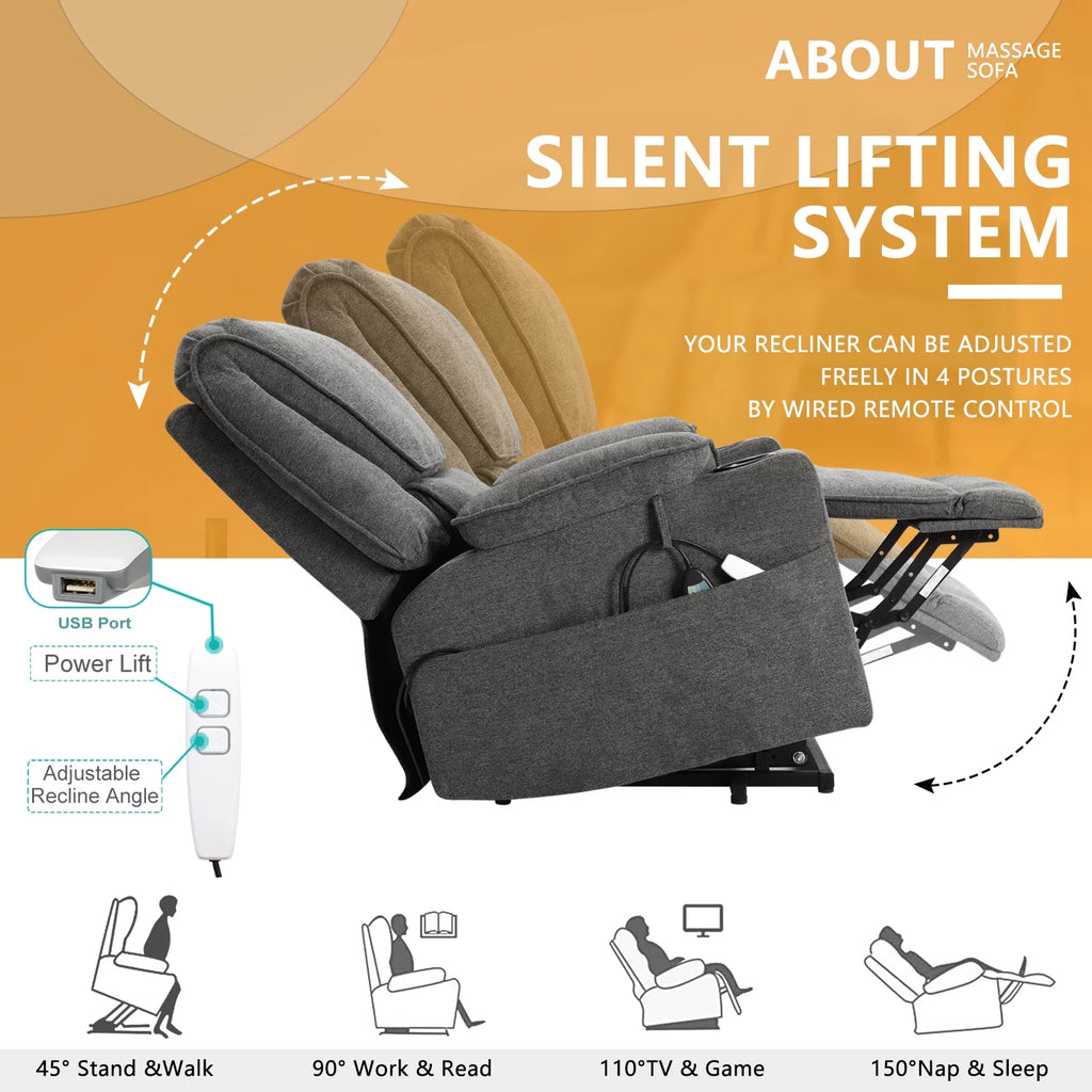 Dark Gray Linen Power Lift Recliner with Cup Holder R36762