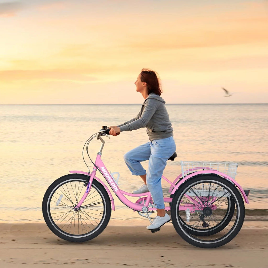 24 Upgraded Adult Tricycle with Low-Step Through Frame, 7-Speed Adjustable Cruiser Trike with Basket N3853