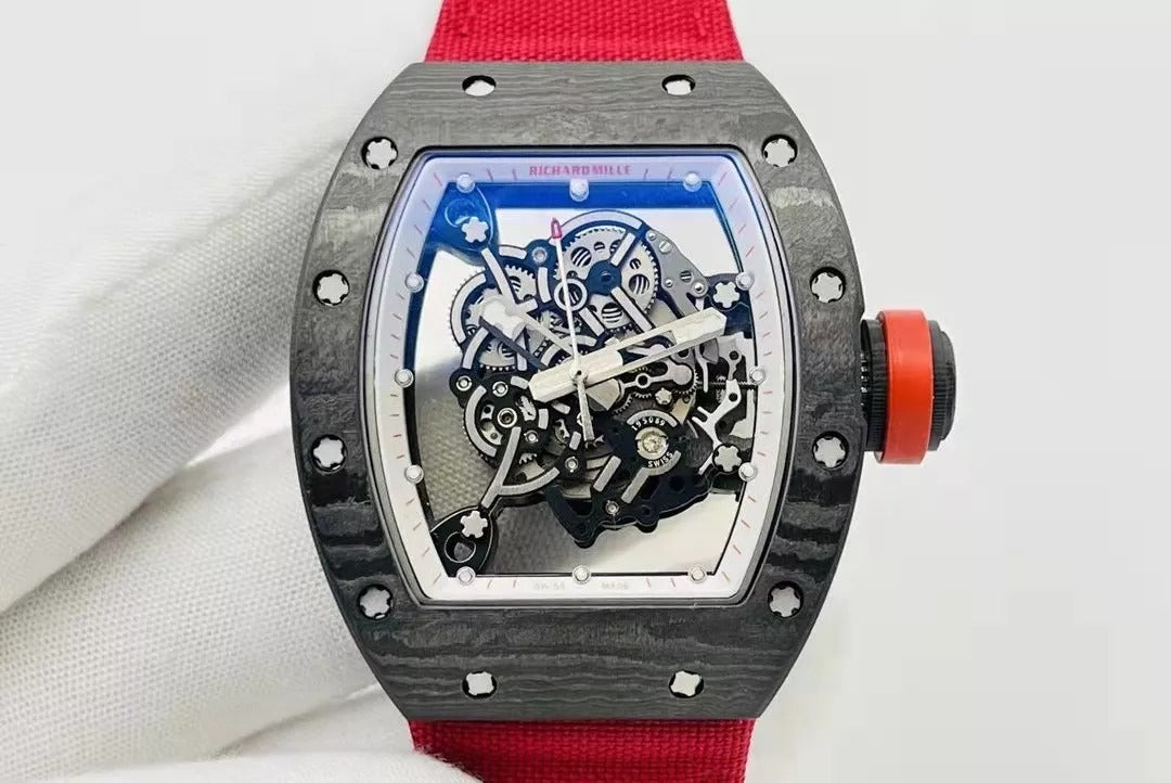 Skeleton Dial Black Bezel Red Canvas Strap D6370