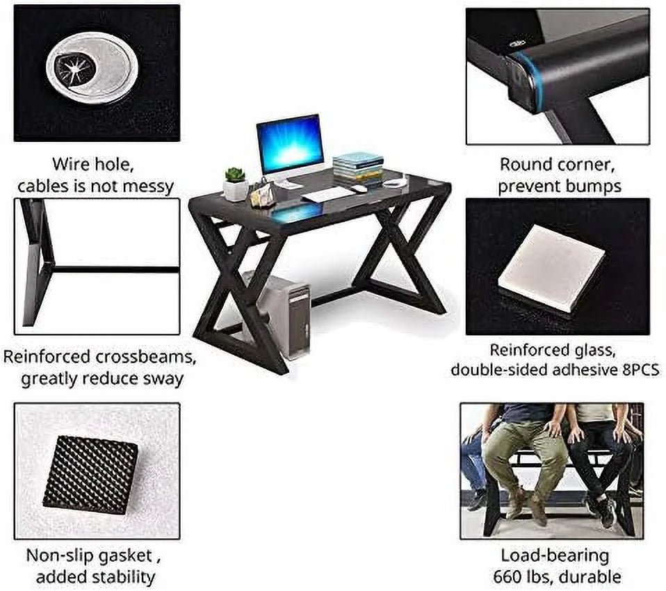 Home Office Desk and Chair Set Breathable Mesh Computer Chair Glass Top Desk Metal Frame W2585