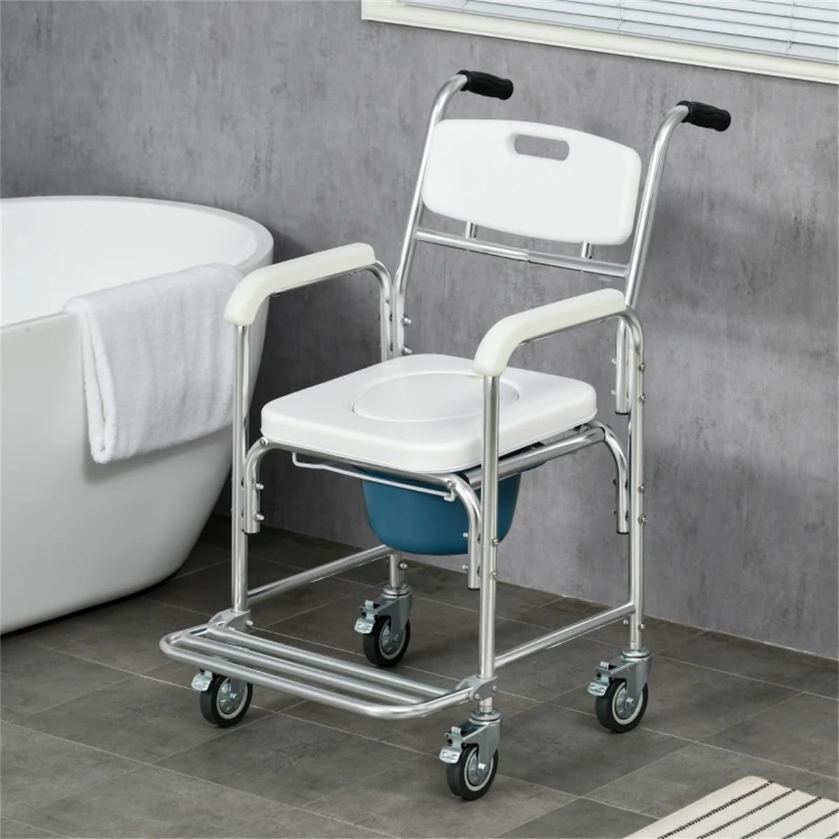 White Rolling Shower Wheelchair with Commode, 4 Lockable Wheels K2231