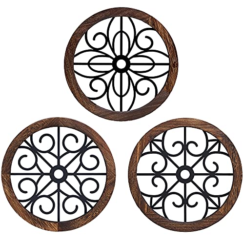 3 Pack Rustic Round Wall Art Geometric Scrolled Metal with Wooden Frame S3590
