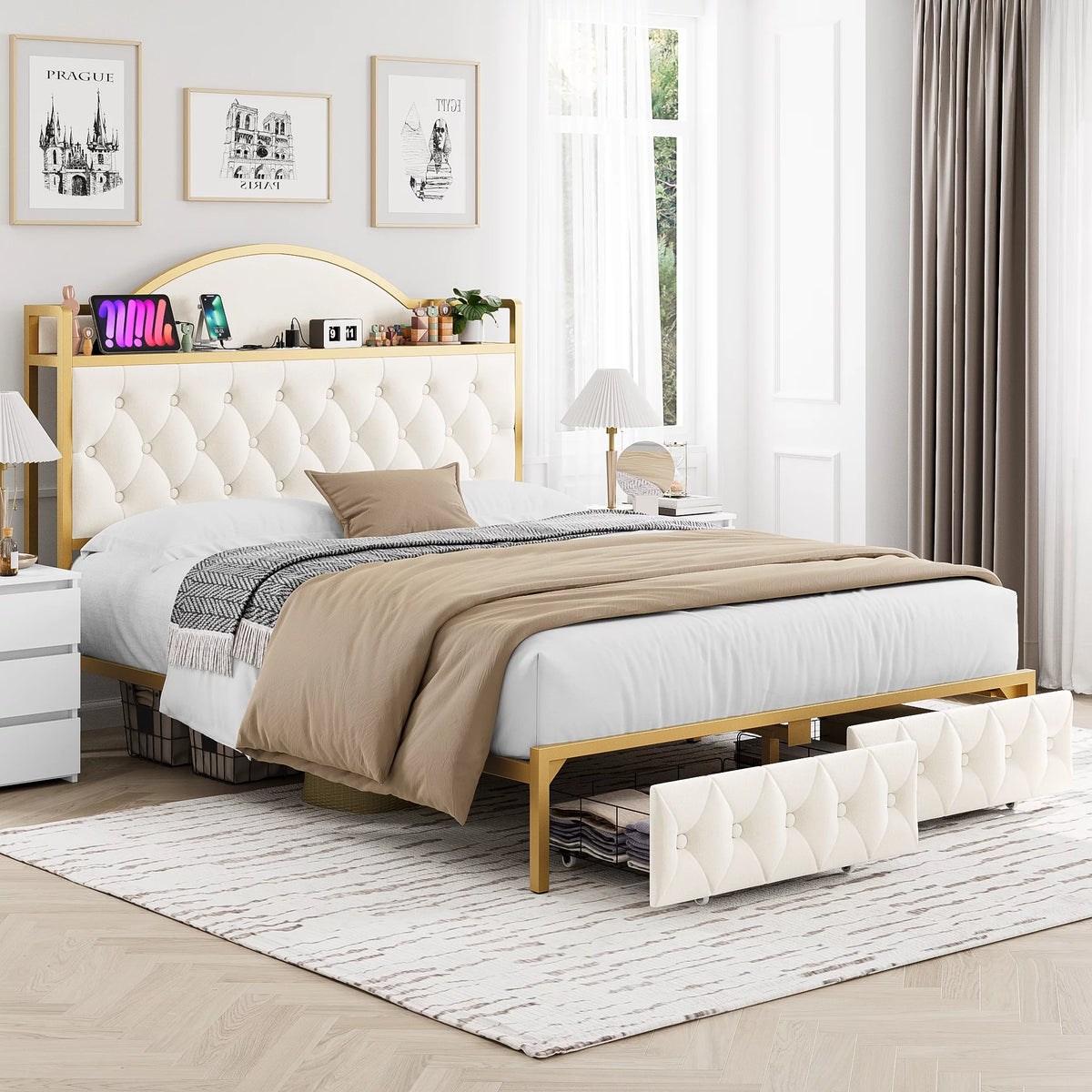 White Queen Size Storage Bed with 2 Drawers S452533