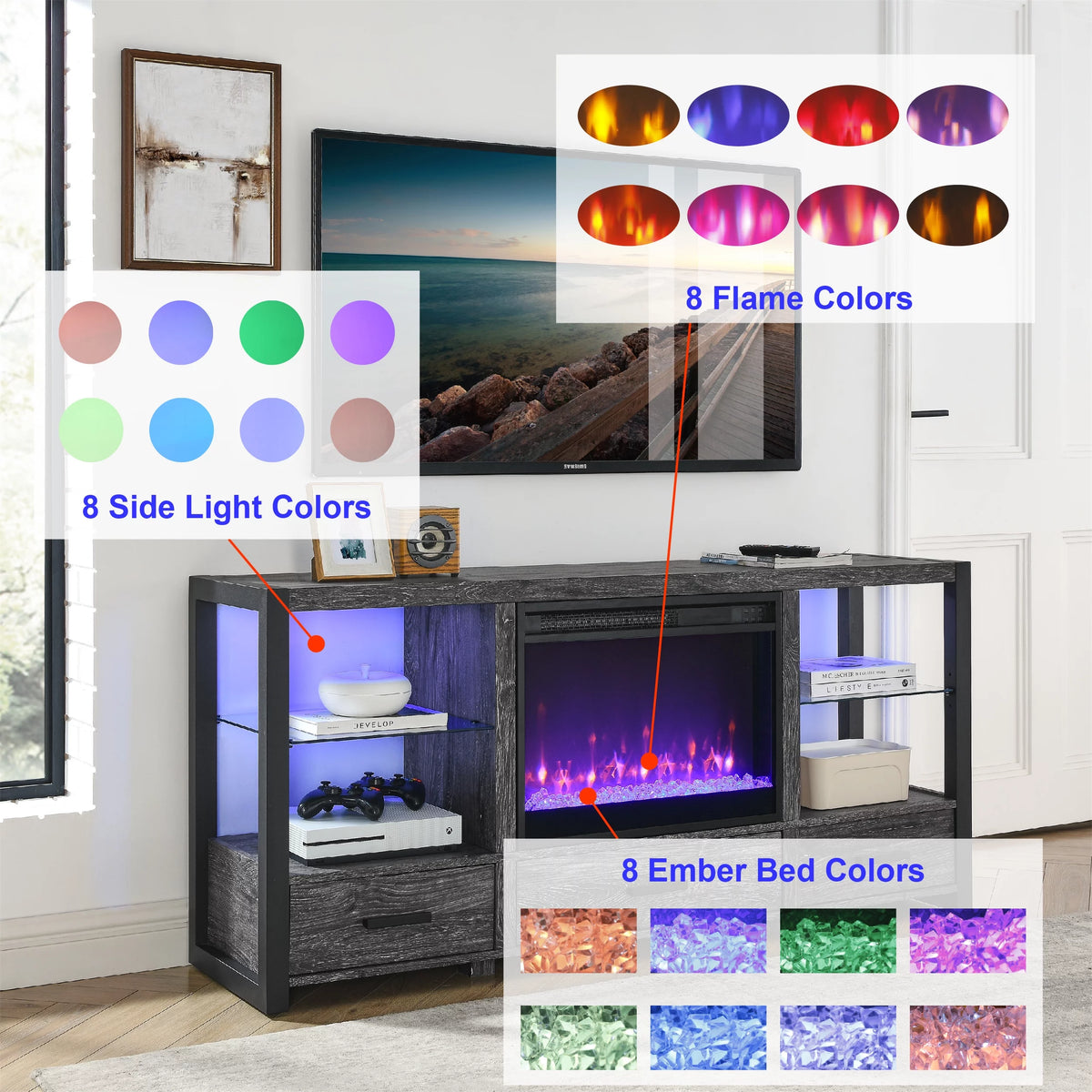 60 Inch Electric Fireplace Media TV Stand with LED Lights T15090