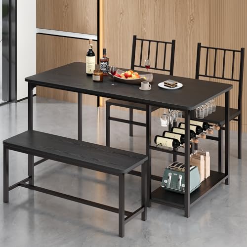 Black 4 Piece Dining Table Set with 2 Chairs and Bench B8376