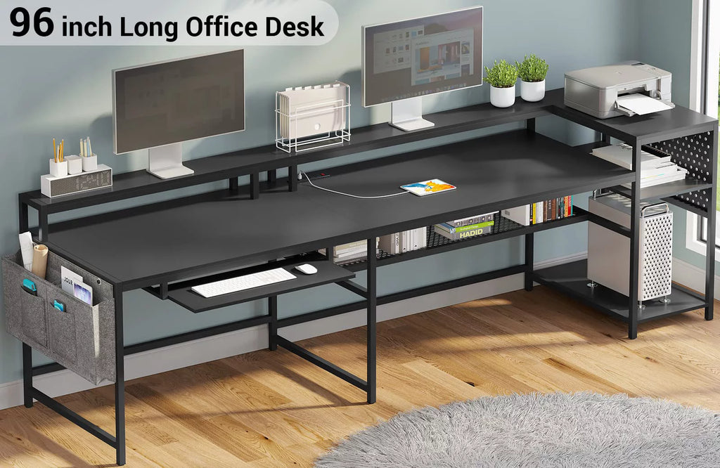 L Shaped Gaming Desk with Power Outlets and LED Strip, Black S483693