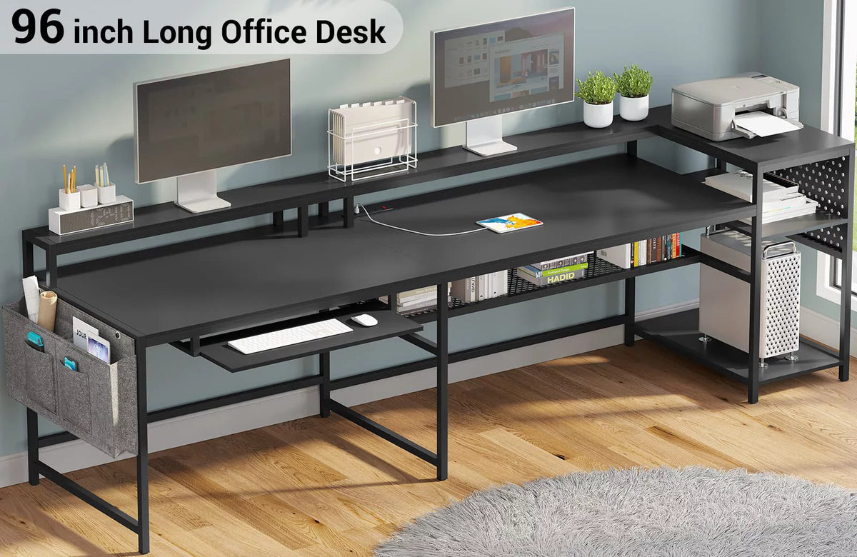 L Shaped Gaming Desk with Power Outlets and LED Strip, Black S483693