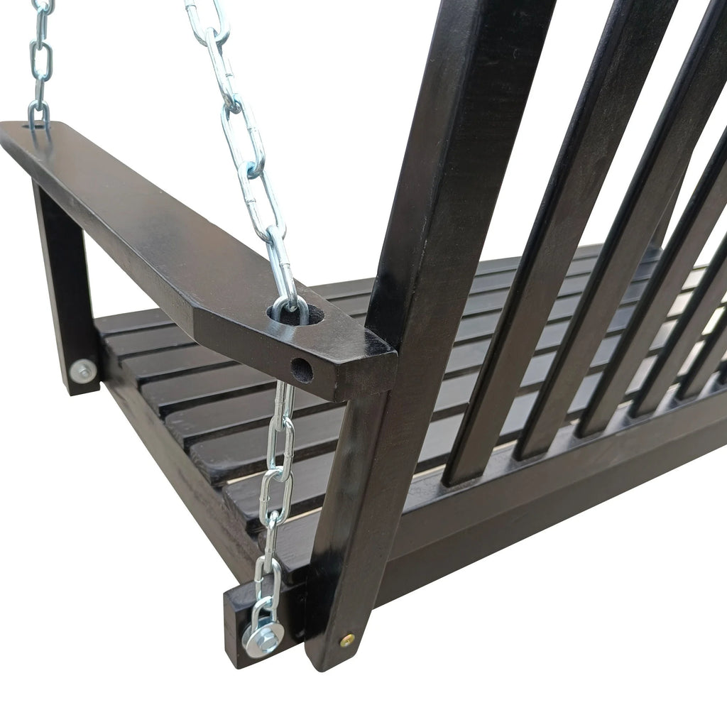 Black Wood Porch Swing with Armrests and Hanging Chains X17119