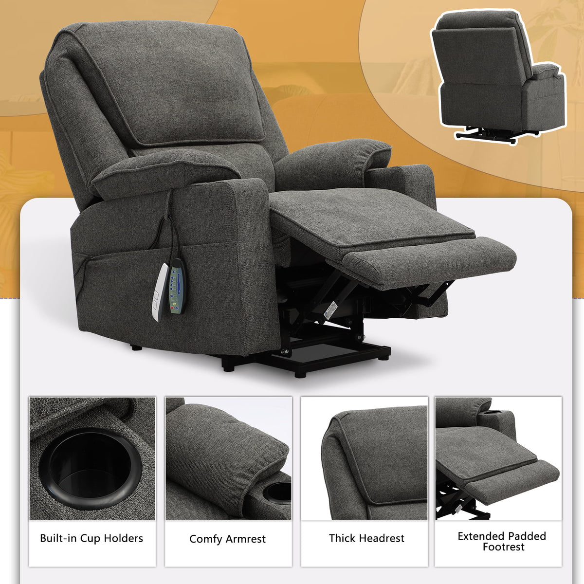 Dark Gray Linen Power Lift Recliner with Cup Holder R36762