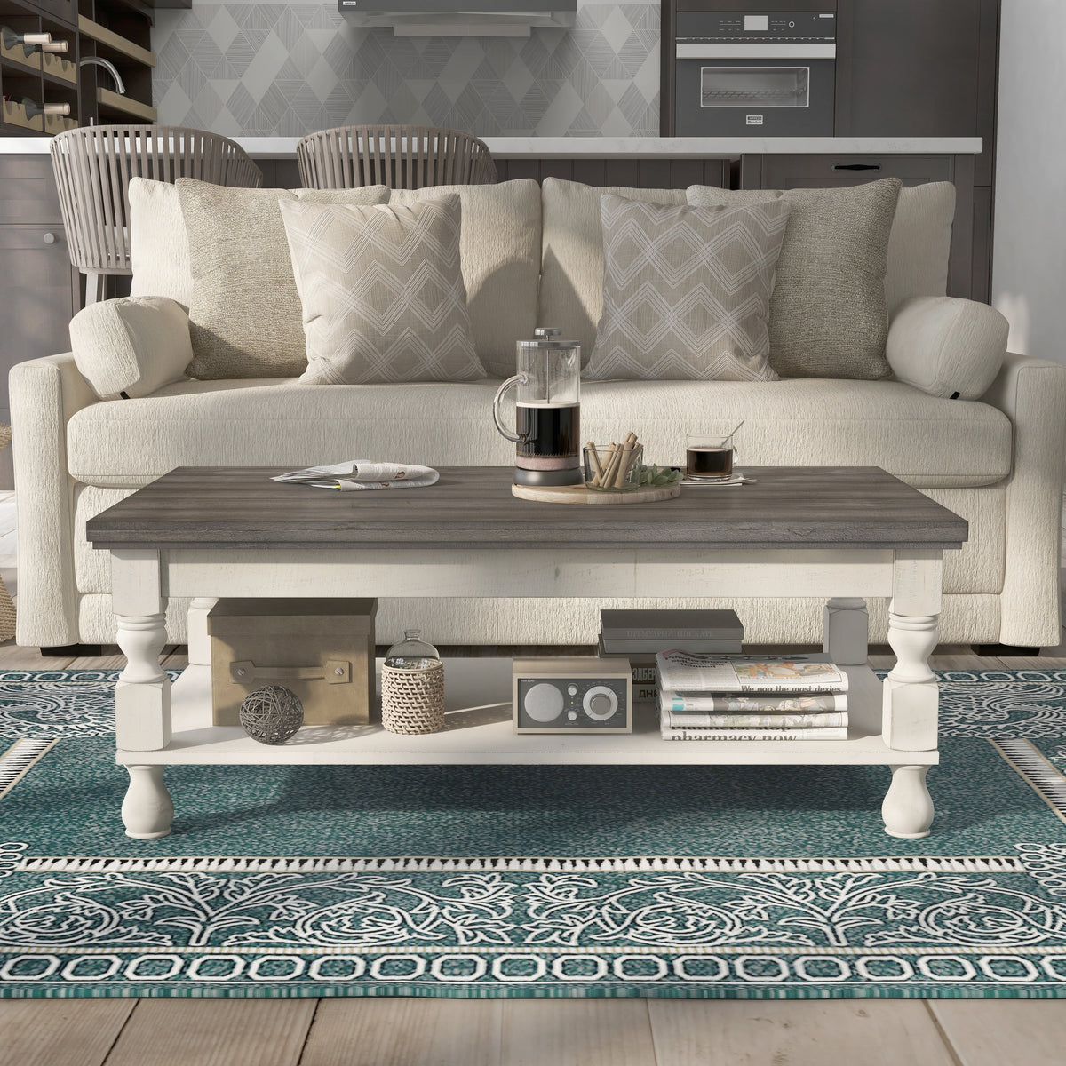 Rustic White Solid Wood 1-Shelf Coffee Table K498