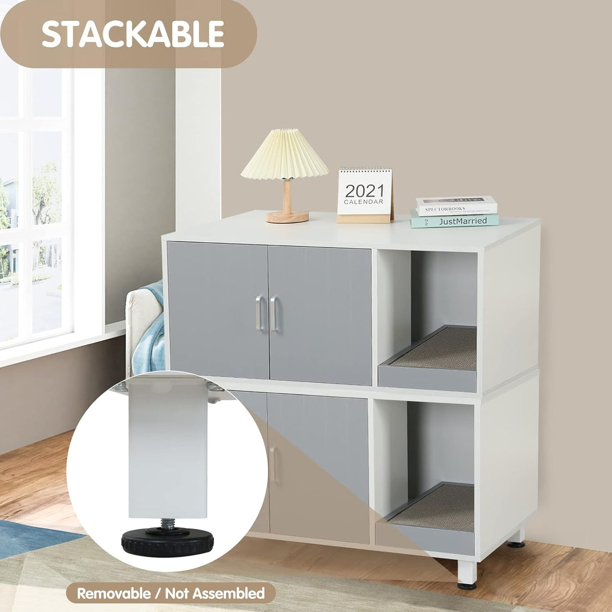 White & Grey Cat Litter Box Furniture Storage Bench V9322