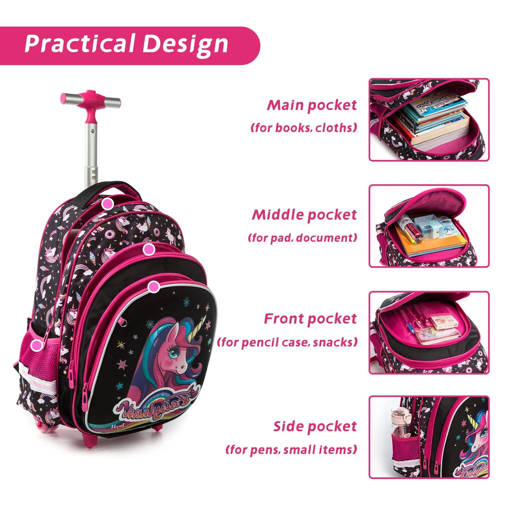 Black 3Pcs Rolling Backpack Set with Lunch Bag and Pencil Case Y581