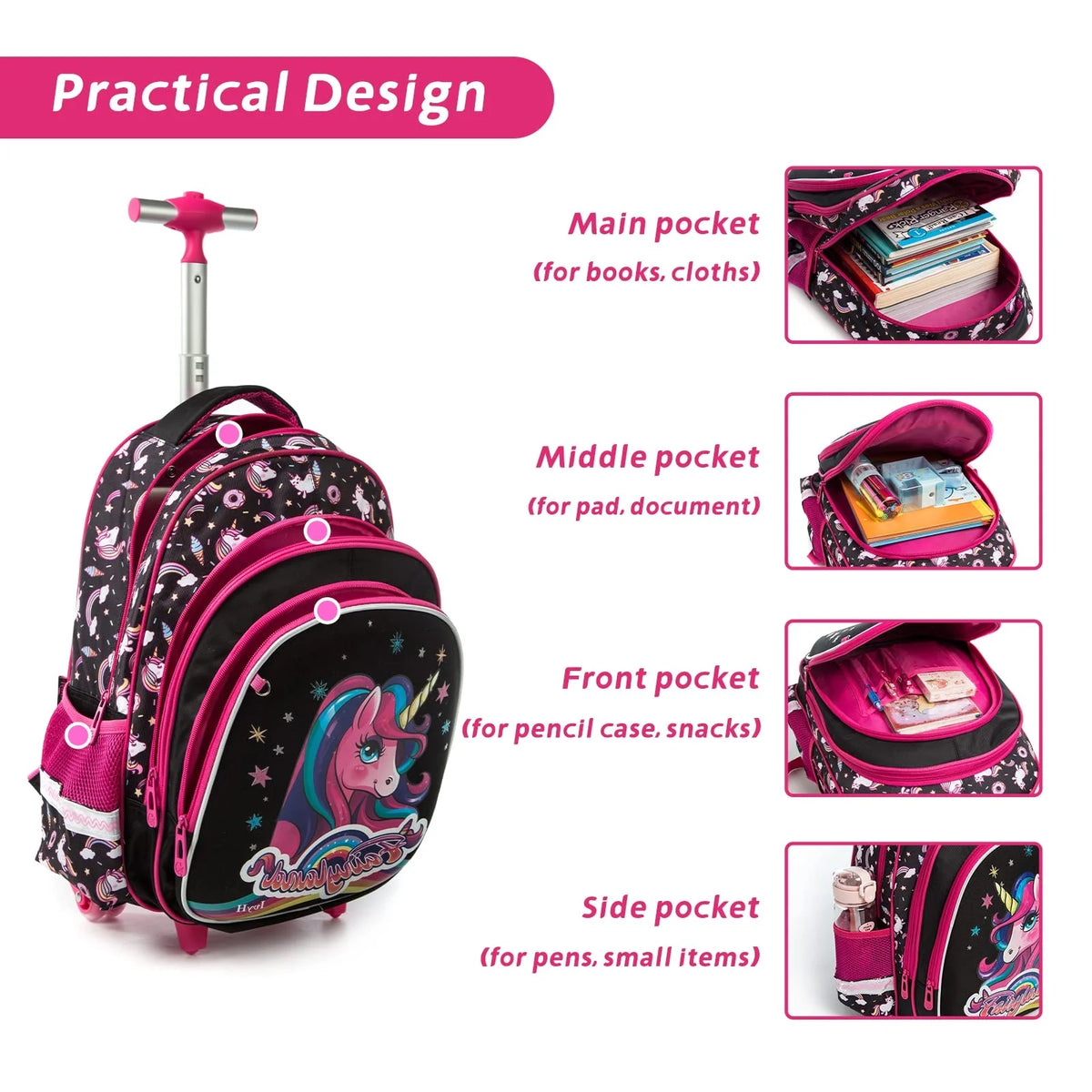Black 3Pcs Rolling Backpack Set with Lunch Bag and Pencil Case Y581