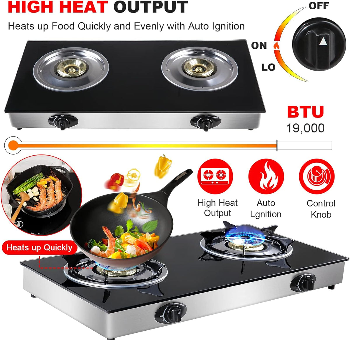 Propane Gas Cooktop 2 Burners Tempered Glass Auto Ignition R816