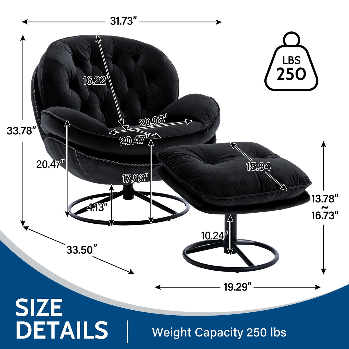Black Velvet Swivel Accent Chair with Ottoman Y370916