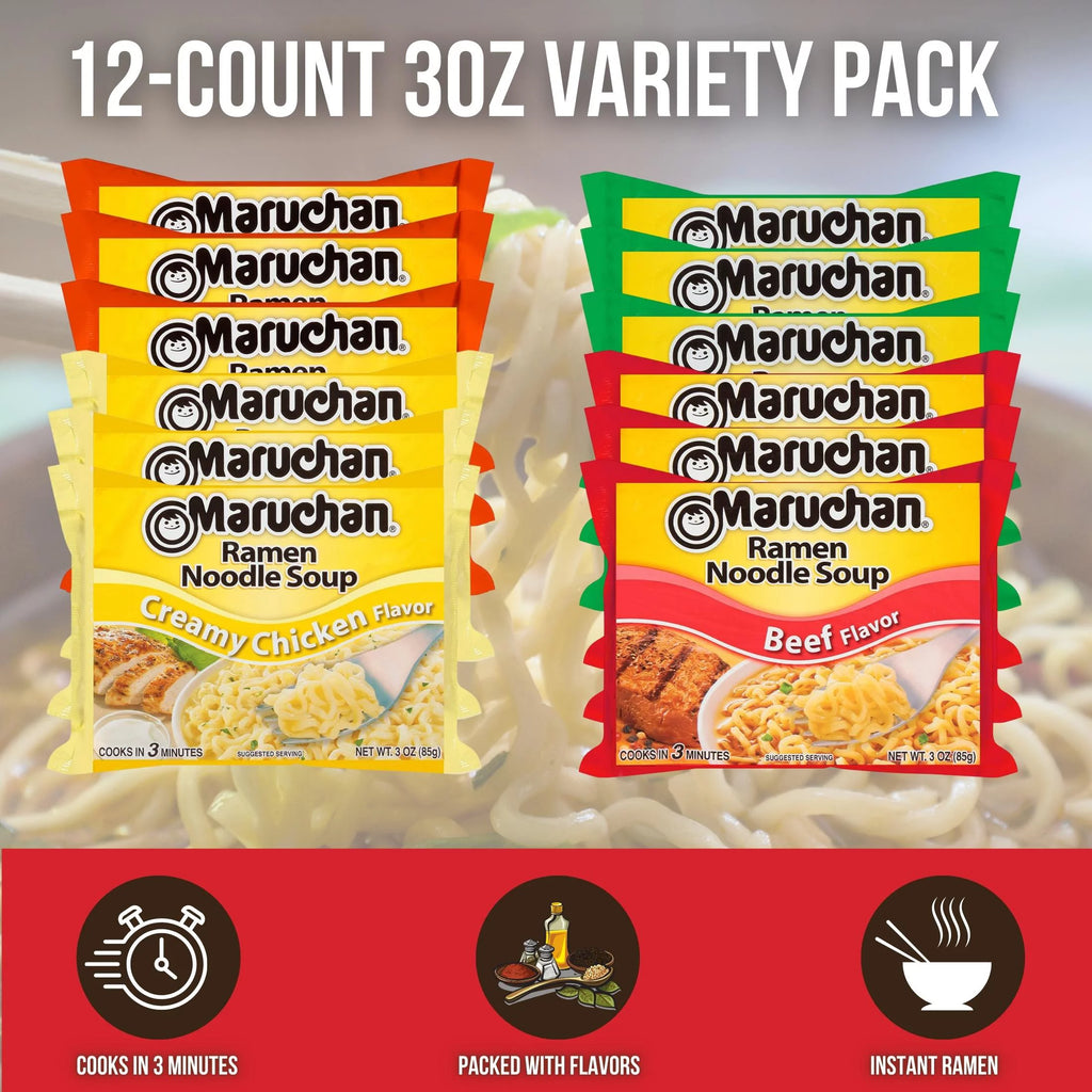 Instant Ramen Variety Pack 12 Packs 3oz Chicken Beef Chili Flavored Noodles C388