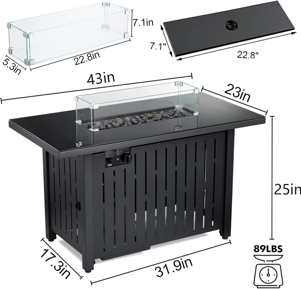 Propane Fire Pit Table, 43 Inch 50,000 BTU Auto-Ignition with Glass Wind Guard and Lava Stone G637