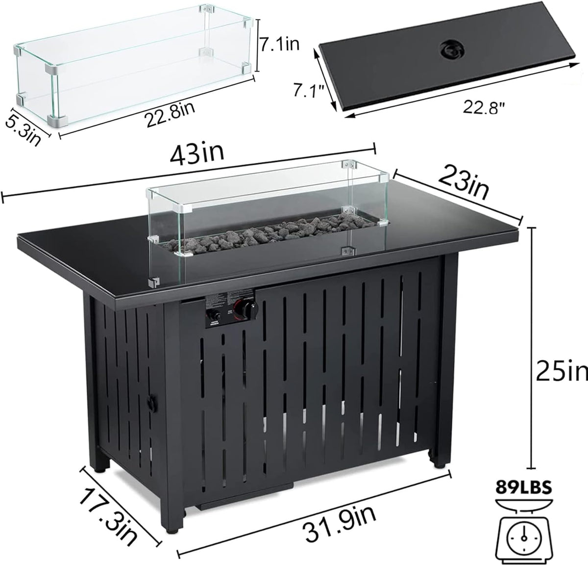 Propane Fire Pit Table, 43 Inch 50,000 BTU Auto-Ignition with Glass Wind Guard and Lava Stone G637