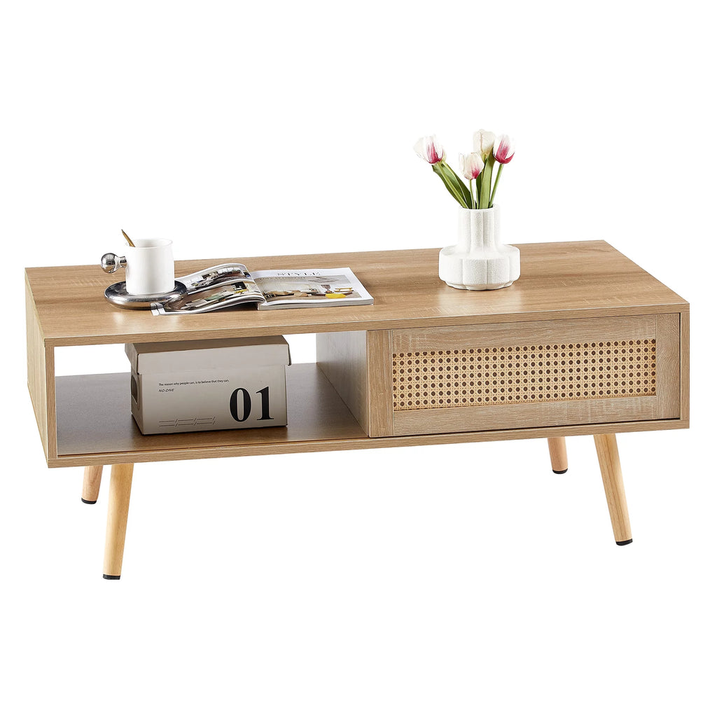 41.34" Rattan Coffee Table with Sliding Door Storage O572